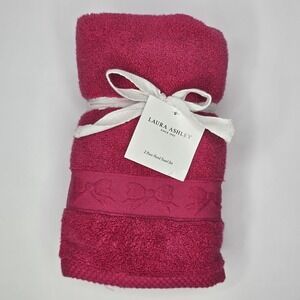 Laura Ashley 2pc Hand Towel Set Hot Pink Fuchsia Bow Embossed 16x30 OEKO-TEX New